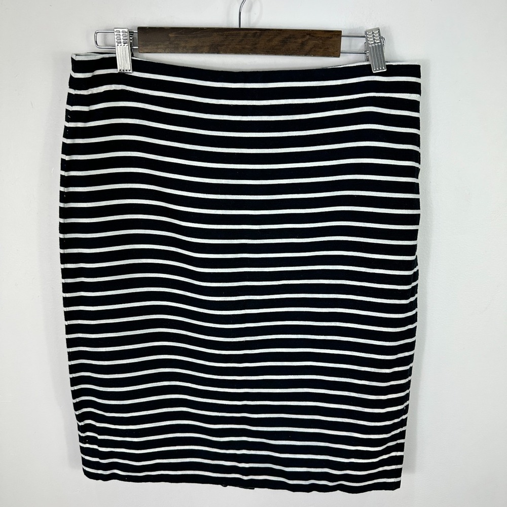 J.Crew Womens 8 Pencil Skirt Black White Stripe Cotton Linen Blend Preppy Career